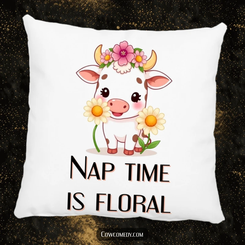 Funny kawaii cow wearing a flower crown, happily chewing a large daisy, depicted on a soft, plush pillow.