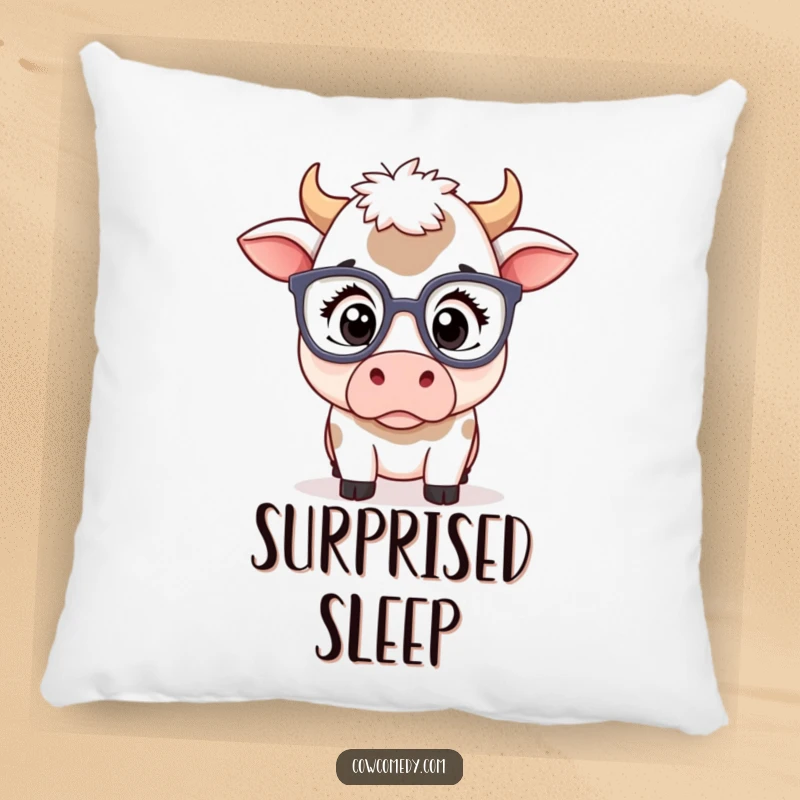 Funny kawaii cow pillow with a cute cow in oversized glasses showing a comically surprised expression, perfect for cozy spaces.