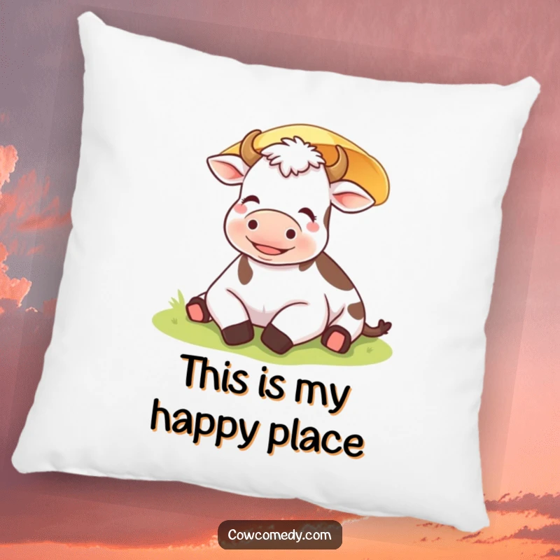 Funny happy cow relaxing under a sunshade on a plush pillow, perfect for cozying up peacefully.