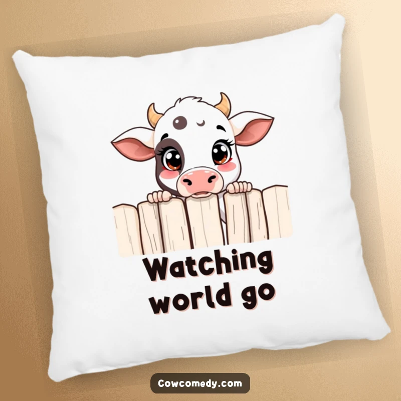 Funny curious cow pillow featuring a cow peeking over a fence with wide, asking eyes, soft and huggable.