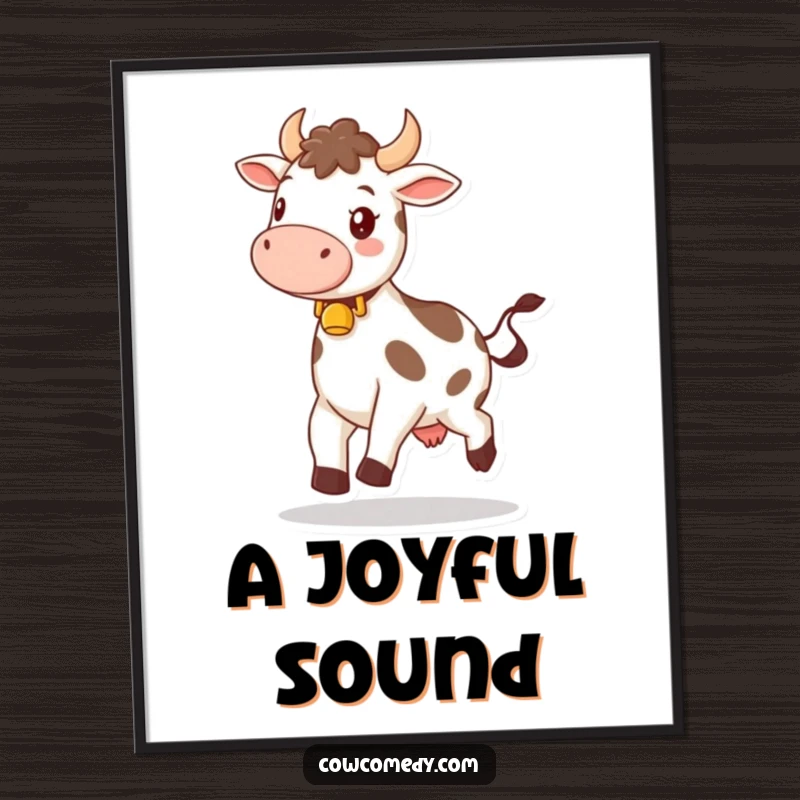 Funny digital art print of a happy cow wearing a bell, skipping gleefully, radiating pure joy and cheerful energy.