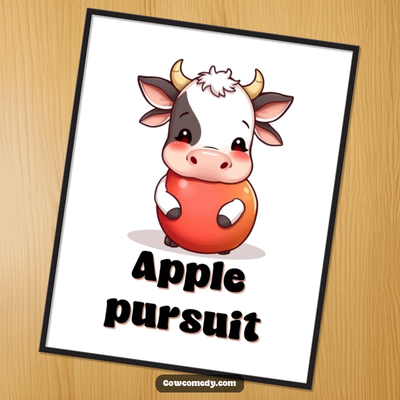 Funny digital art print of a cow playfully nudging a large, round apple that is rolling. Instant whimsical wall decor and humorous farm art.