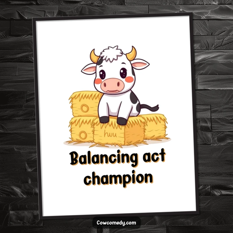 Funny Digital Art Print of a determined cow balancing hay, symbolizing effort and humorous ambition for wall decor.