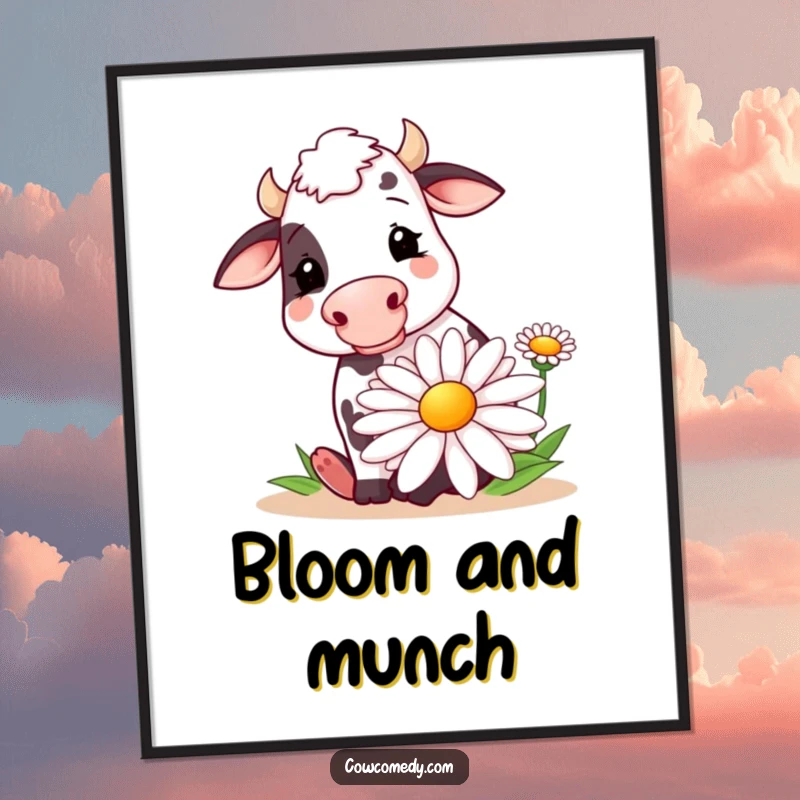Funny digital art print of a happy cow joyfully munching on a large, stylized daisy. Instant whimsical wall decor and humorous farm art.