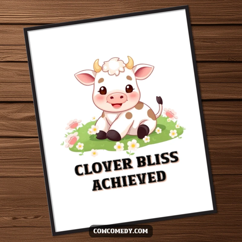 Funny digital art print of a tiny, happy cow with its legs in the air, rolling gleefully in a dense clover field. High-res printable.
