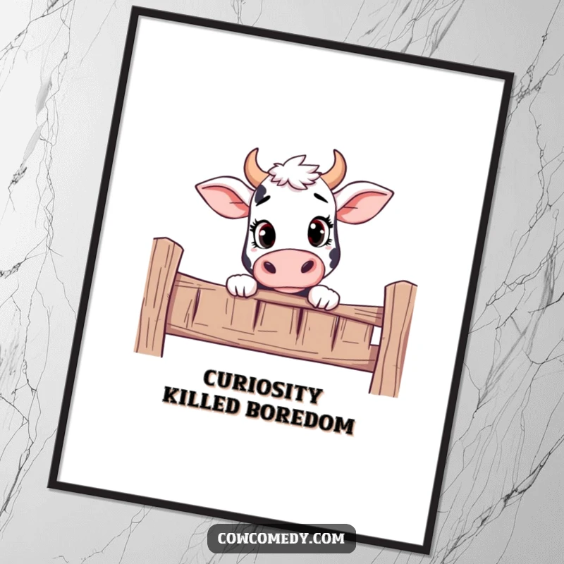 Funny digital art print of a curious cow peeking over a fence with an inquisitive and friendly expression.