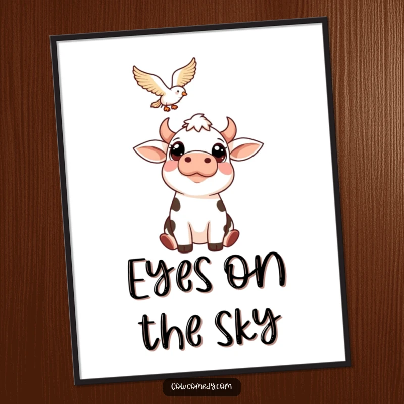 Funny digital art print of a cow with large, friendly eyes looking up at a soaring bird. Instant whimsical wall decor and humorous nature art.