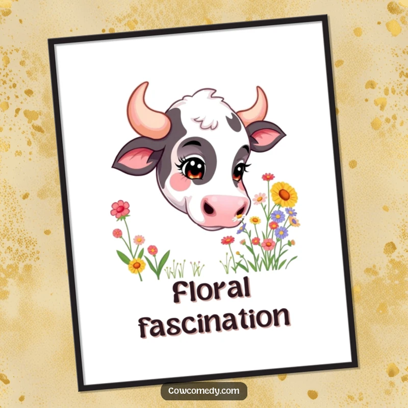 Funny digital art print of a curious cow with a sweet expression, sniffing a vibrant bouquet of wildflowers. High-quality printable.