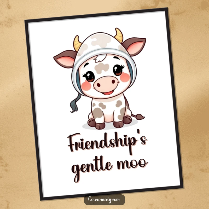 Funny Mooing Cow Kid Digital Art Print: a cute cow child in a bonnet smiling and offering a friendly 'moo', bringing cheer.