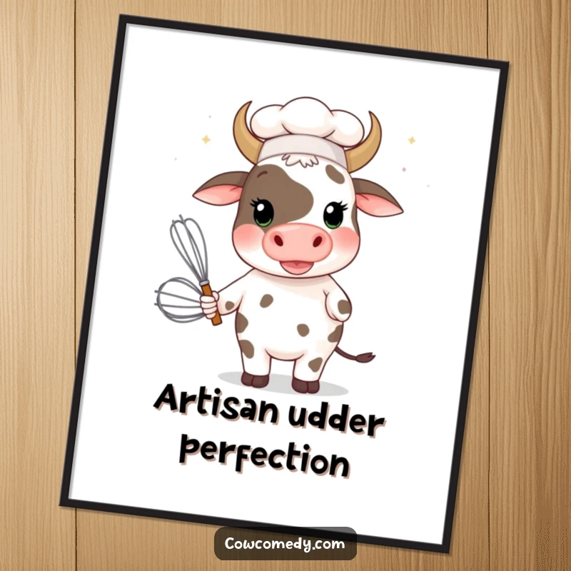 Funny cow chef with a giant whisk as a digital art print, offering instant humorous decoration for any space.