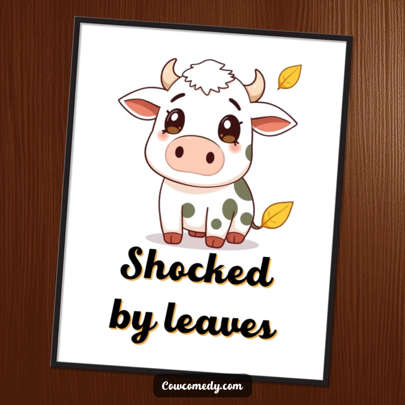 Funny digital art print of a cow with a surprised expression watching a falling leaf. Instant whimsical wall decor and humorous autumn art.