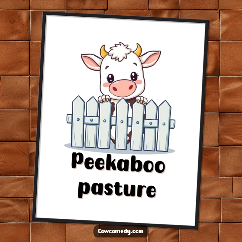 Funny digital art print of a curious cow peeking over a picket fence, perfect for instant download and wall decor.
