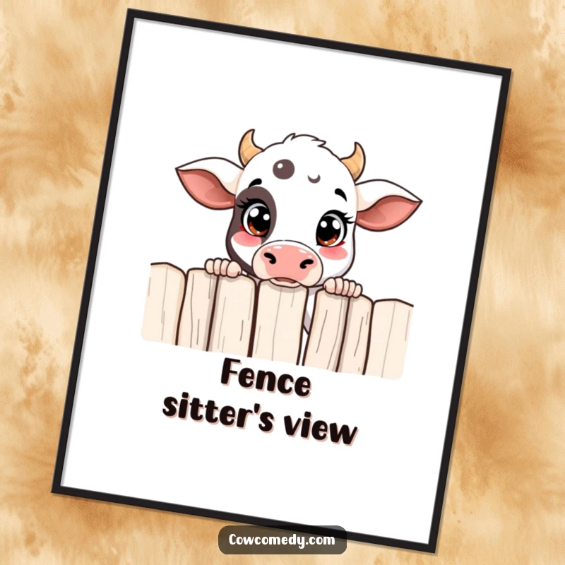 Funny curious cow digital art print featuring a cow peeking over a fence, perfect for instant decorative charm.