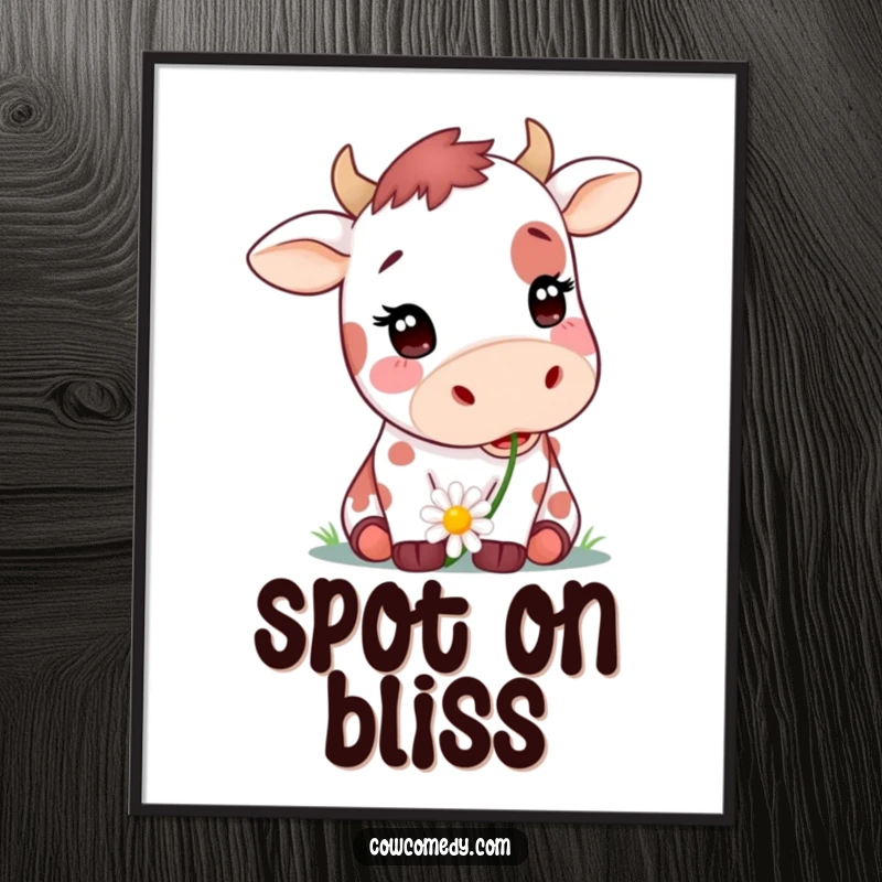Funny digital art print of a cute spotted cow happily chewing a daisy, perfect for instant download and wall decoration, great gift.