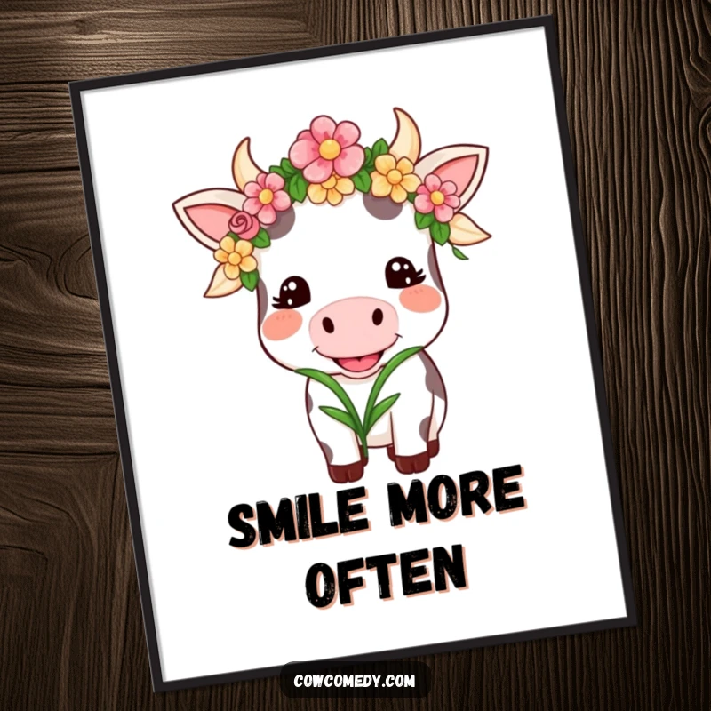 Funny Kawaii Cow Digital Art Print: A smiling cow wearing a flower garland happily chews grass, instant funny decor.