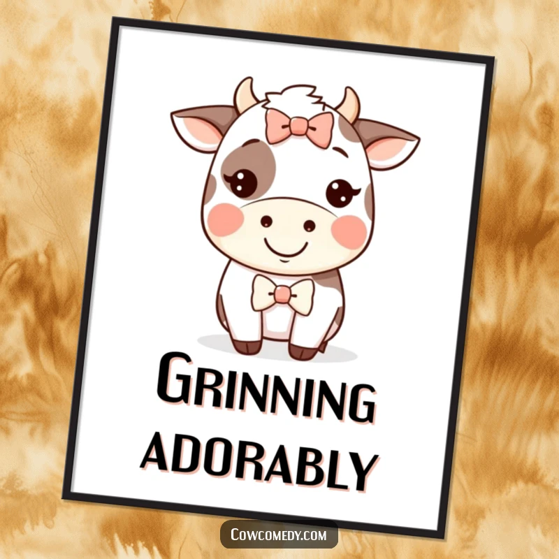 Funny Kawaii cow digital art print of a happy cow wearing a silly bow, radiating pure joy and humor.