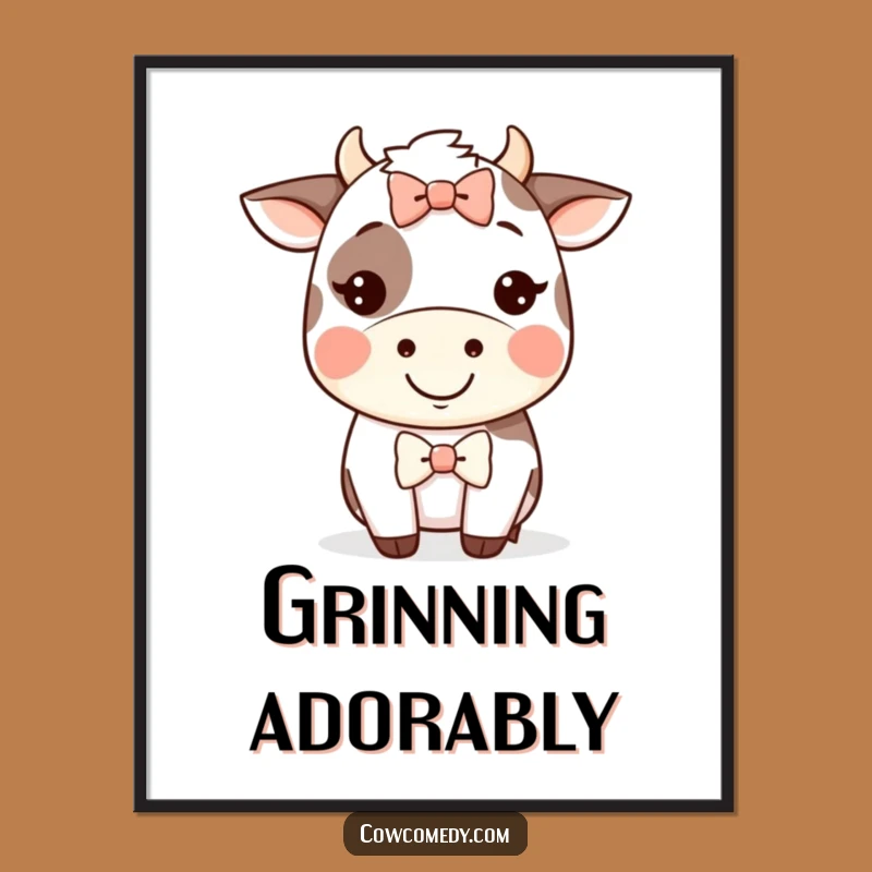 Funny Kawaii Cow Grin Digital Art - Silly Bow Print, Instant Funny Gift!