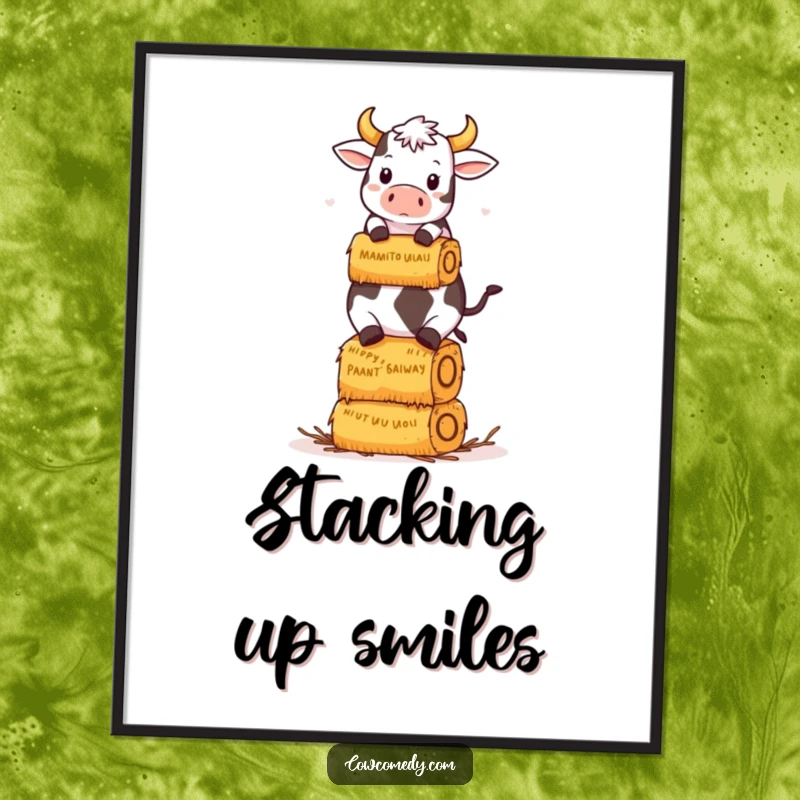 Funny Kawaii Cow Digital Art Print: A kawaii cow humorously balances a stack of hay bales, instant funny decor.