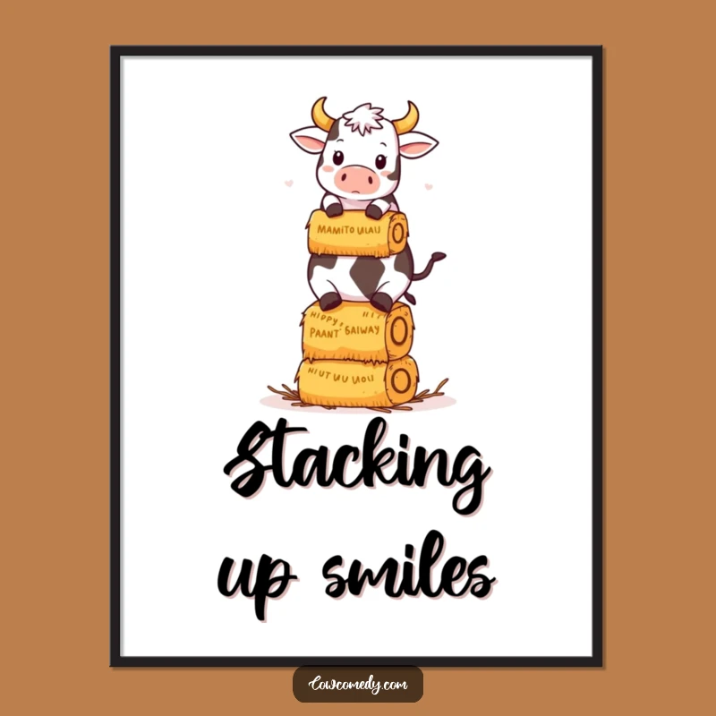 Funny Kawaii Cow Hay Bale Digital Print: Balancing Cow Wall Art Gift!