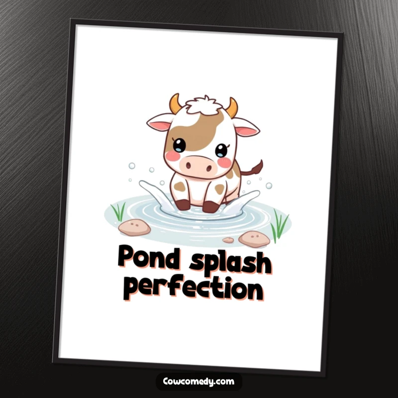 Funny Kawaii cow digital art print of a happy cow playfully splashing water in a small pond, full of cheerful energy.