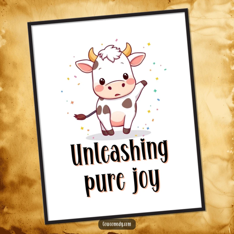 Funny digital art print of a playful cow energetically kicking up a shower of vibrant confetti.