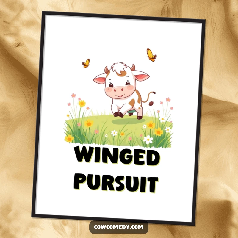 Funny playful cow digital art print featuring a cow chasing a butterfly, perfect for instant whimsical decor.