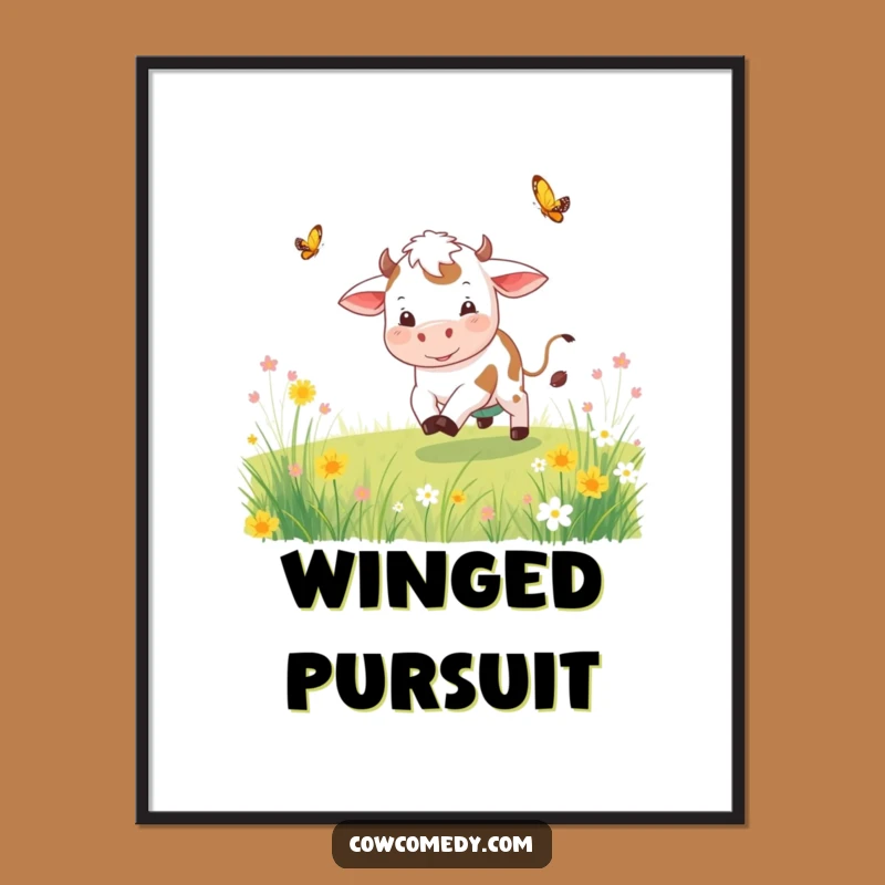 Funny Playful Cow Digital Art Print Chasing Butterfly Instant Funny Gift