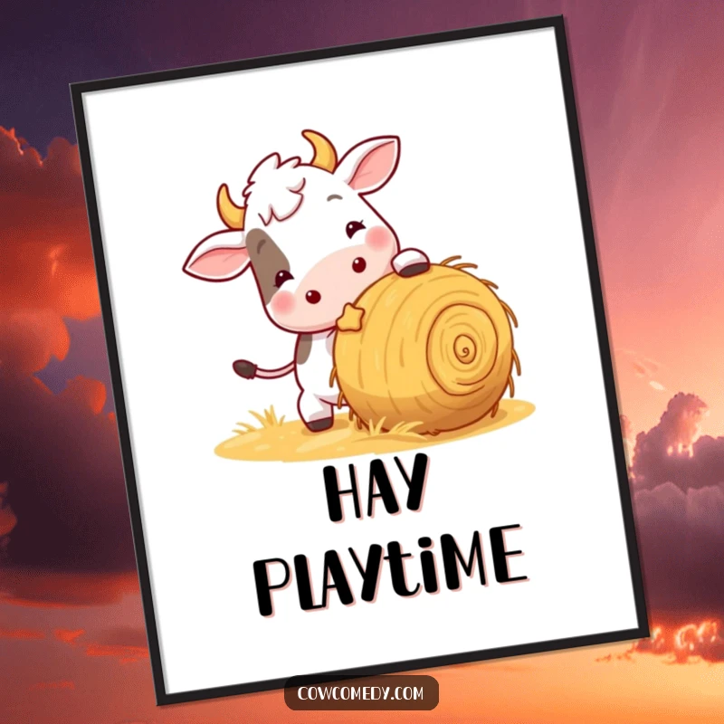 Funny digital art print of a playful cow nudging a rolling ball of hay, perfect for instant download and adding vibrant humor.