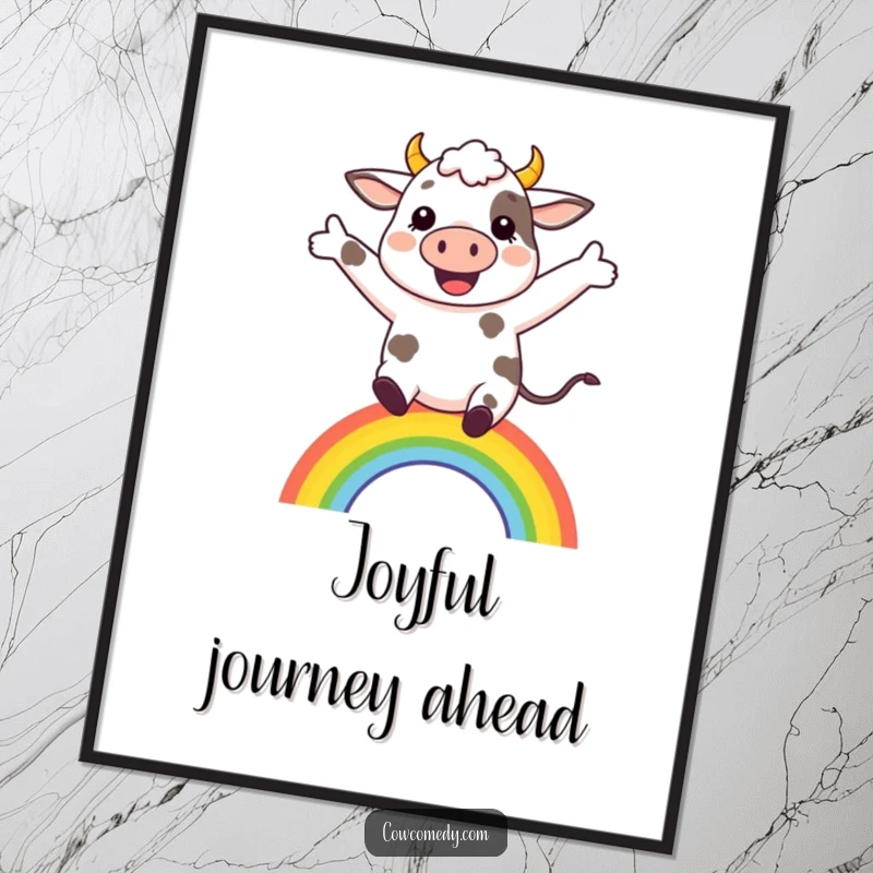Funny happy cow leaping over a small rainbow as a digital art print, bringing instant joy and color.