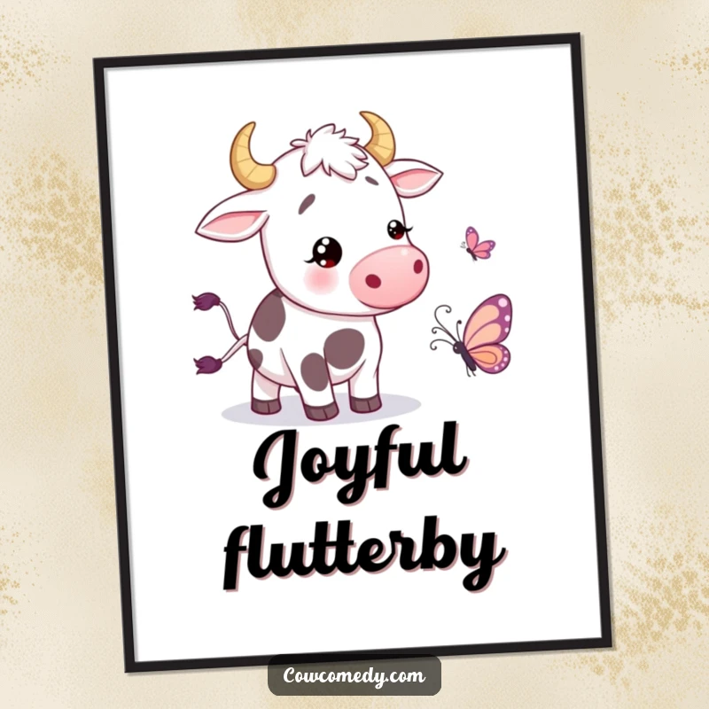 Funny Digital Art Print of a cow wiggling its tail with amusement near a cartoon butterfly, perfect for cheerful and playful decor.