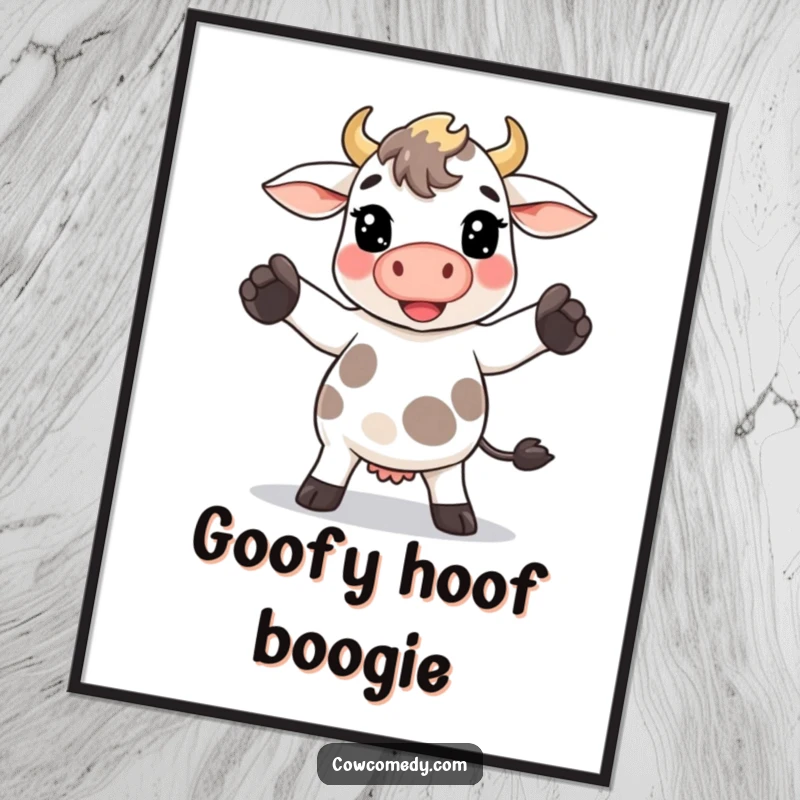 Funny Kawaii cow digital art print of a cow doing a goofy dance move with its hooves, radiating energetic fun.