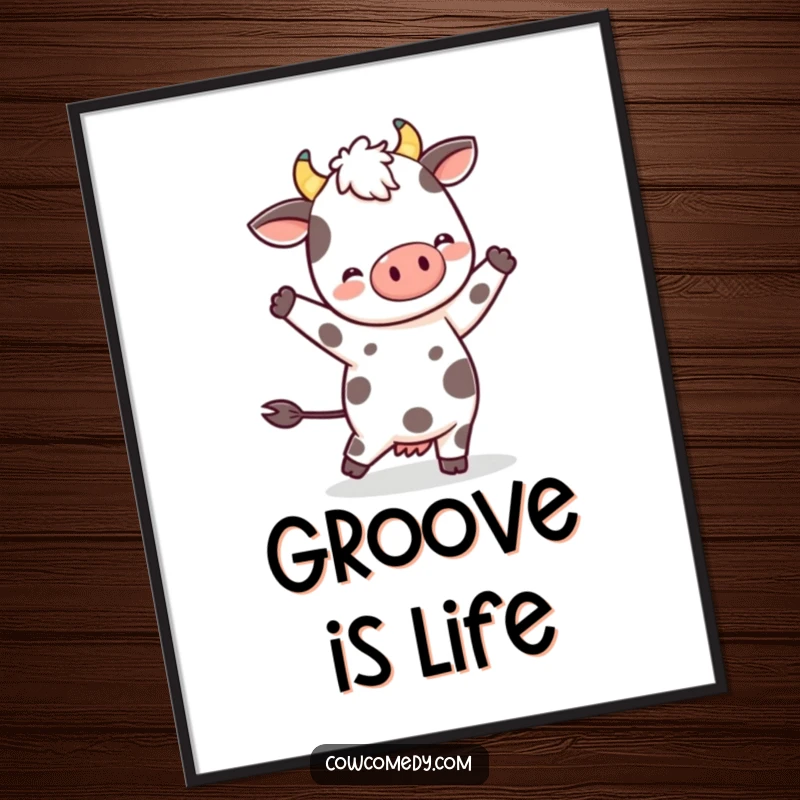 Funny Kawaii Cow Digital Art Print: a spotted character in a lively dance, bringing instant happiness and whimsical charm to any display.