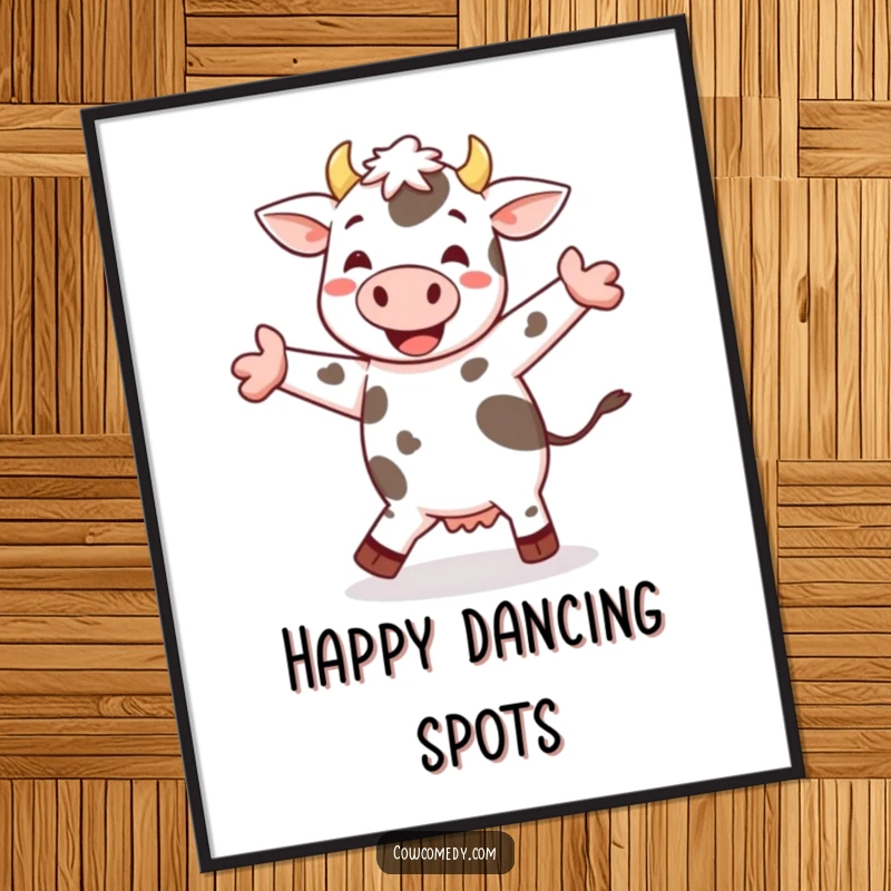 Funny cheerful cow jig digital art print showing a spotted cow happily dancing and performing a little jig, full of joyful energy.