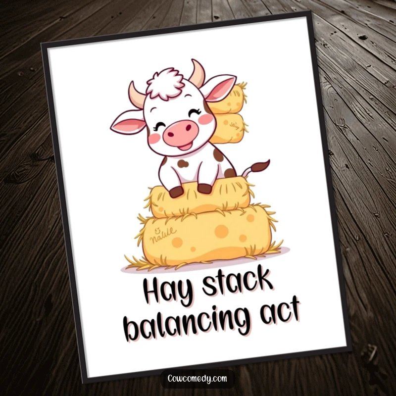 Funny digital art print of a cow mid-giggle, struggling to keep a tall stack of hay bales from collapsing. High-res printable humor.