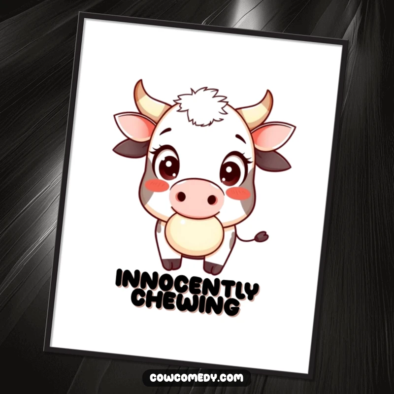 Funny cow cud chewer digital art print showing a smiling cow with large innocent eyes playfully chewing cud, full of gentle humor.