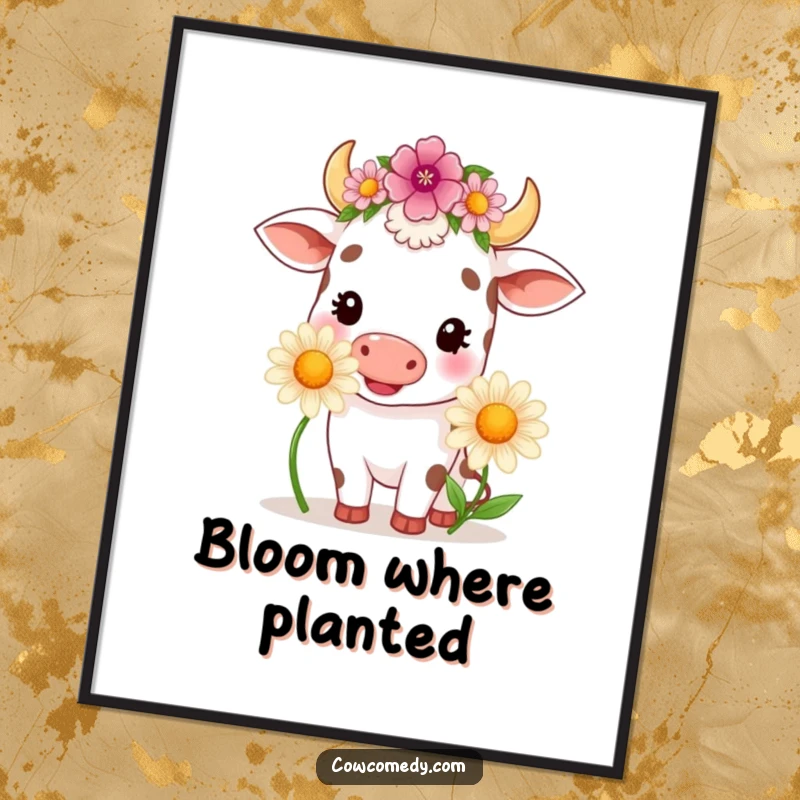 Funny kawaii cow wearing a flower crown, happily chewing a large daisy, presented as a high-resolution digital download art print.