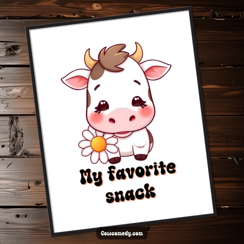 Funny kawaii cow digital art print of a gentle cow with a smile, chewing on a large daisy, perfect for instant cute wall decor.