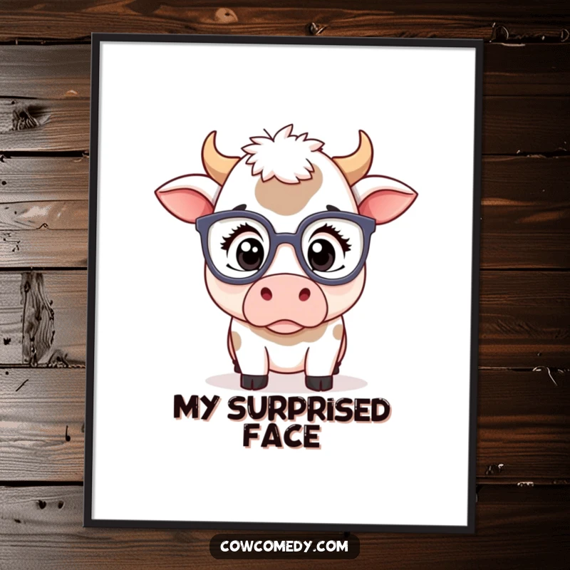 Funny kawaii cow digital art print of a cute cow wearing oversized spectacles with a comically surprised expression, adding instant humor.
