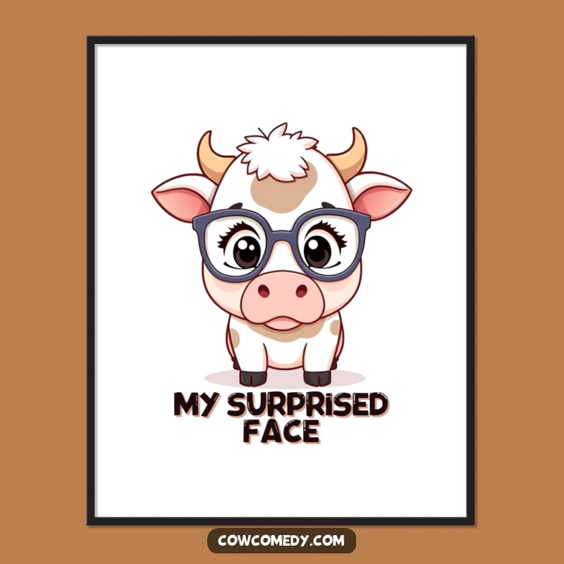 Funny Kawaii Cow Glasses Digital Art - Surprised Printable Farm Art Gift