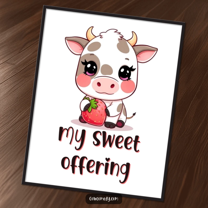 Funny kawaii cow digital art print of a cute cow blushing and offering a giant strawberry, adding sweet charm instantly.