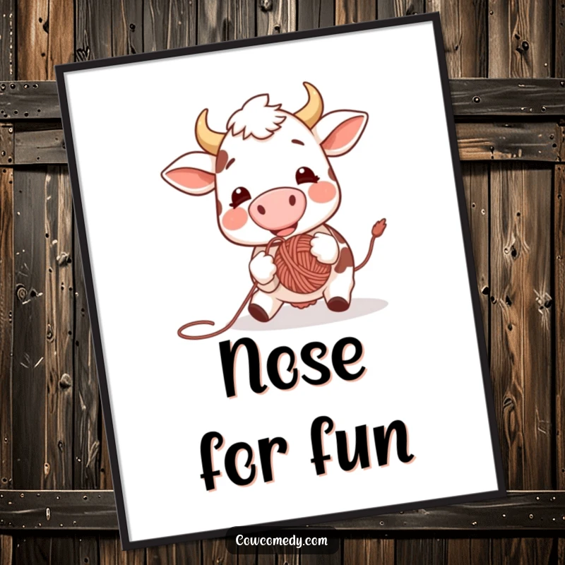 Funny digital art print of a very happy cow using its nose to bounce a ball of yarn, radiating pure joy and playful energy.