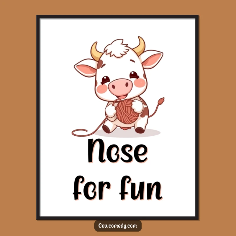 Funny Excited Cow Yarn Ball Digital Art: Playful Decor Gift