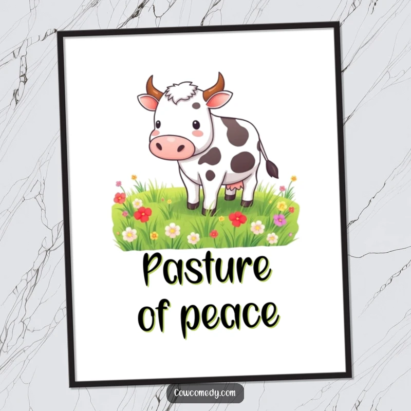 Funny digital art print of a contented cow grazing in a vibrant meadow, perfect for instant download and serene wall decor.