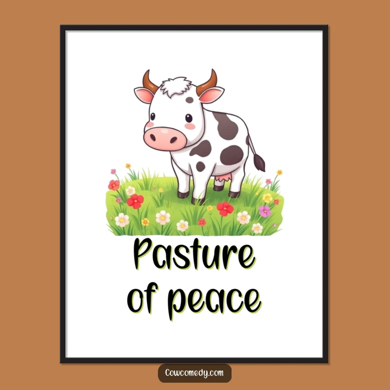Funny Contented Cow Digital Art Print: Instant Calm Meadow Scene
