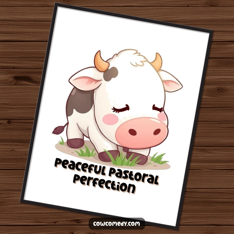 Funny Digital Art Print of a contented cow with eyes closed, peacefully grazing, conveying serenity and lighthearted humor.