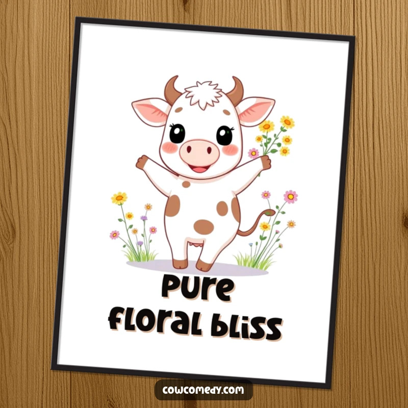 Funny digital art print of a happy cow with a broad smile, dancing enthusiastically with a bouquet of wildflowers.