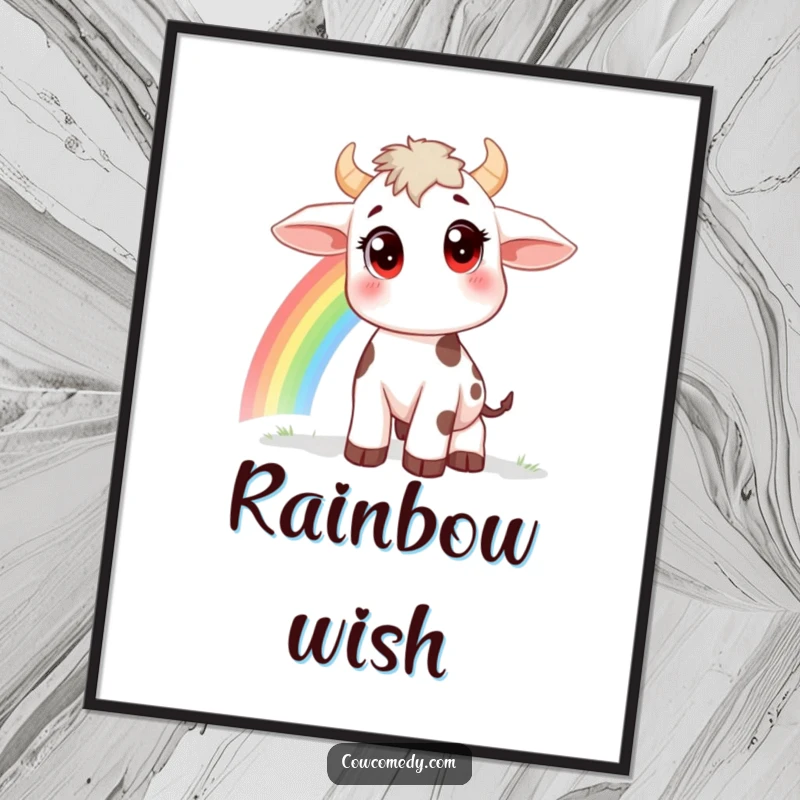 Funny digital art print of a curious cow, large eyes, watching a rainbow, perfect for instant wall art, great gift.