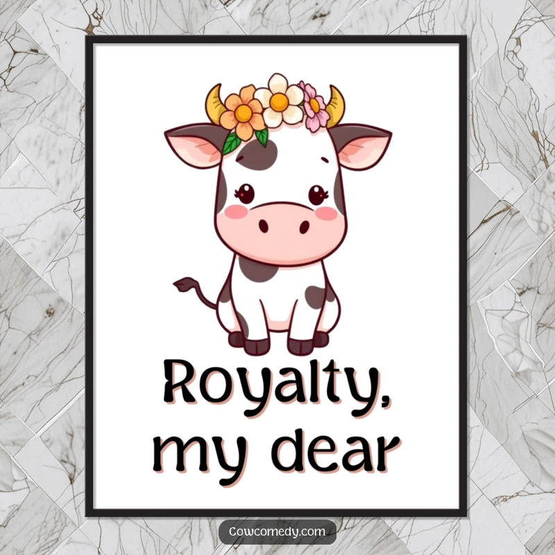 Funny Kawaii Cow Digital Art Print featuring a cute cow wearing a flower crown. Charming illustration, perfect for home decor, gifts, and immediate download.