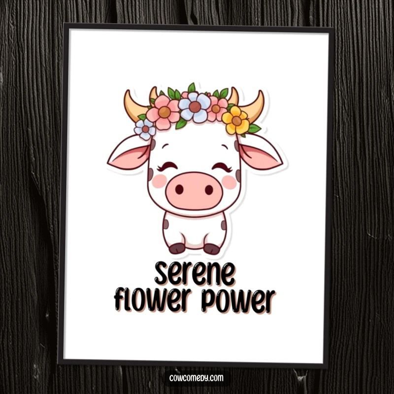 Funny kawaii cow digital art print of a serene cow wearing a flower crown, looking content, perfect for instant peaceful decor.