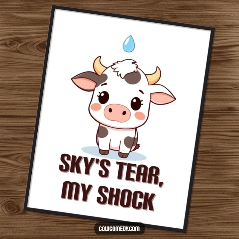Funny kawaii cow digital art print, wide-eyed surprise at a single falling raindrop, perfect for instant whimsical decor.